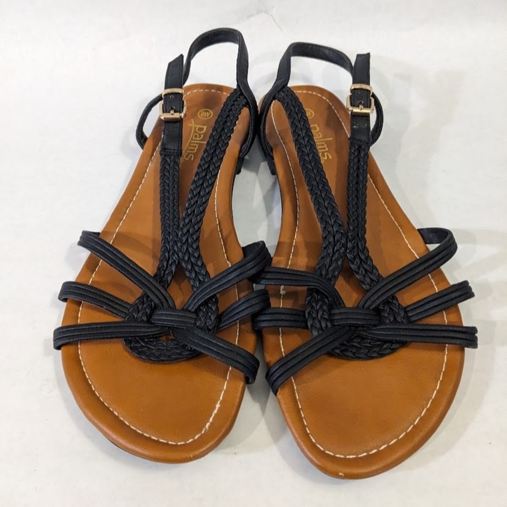 Palms‎ Womens Black Braided Strappy Flat Sandals sz 9 Ankle Strap Buckle Classic